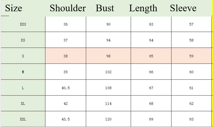 Size chart for satin button-down women’s office shirt displaying shoulder bust length and sleeve measurements in centimeters from XXS to XXXL.