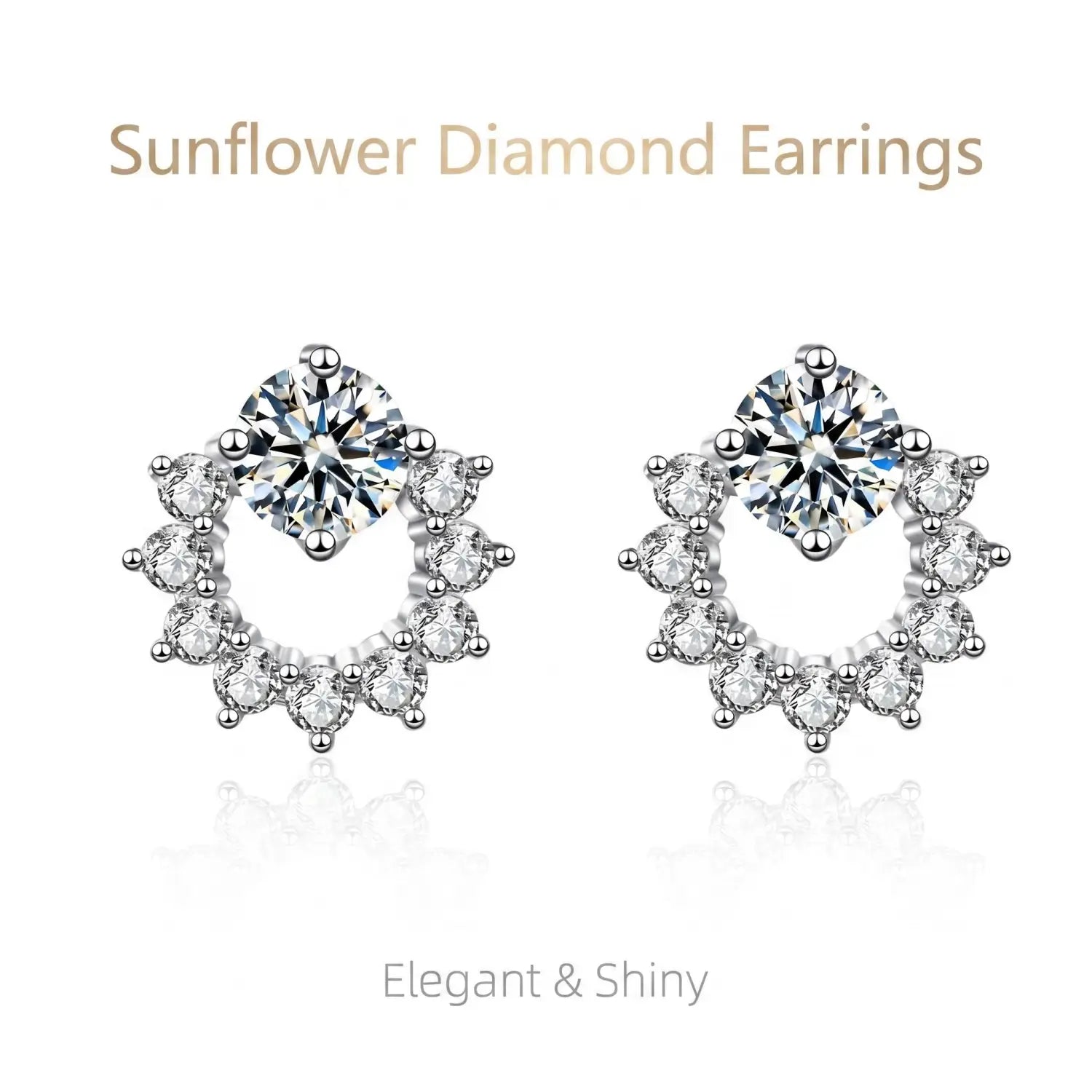 Boucles d’oreilles clous en argent sterling serties de zircons, en argent, présentant une forme de tournesol avec une pierre centrale ronde à facettes brillantes entourée de plus petites diamants étincelants.