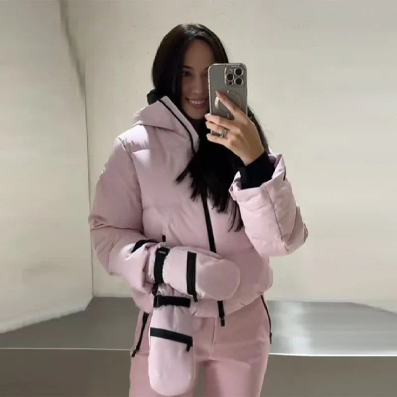 Winter Warm Hooded Ski Wear Suits For Women Windproof Waterproof Park Coat High Waist Warm Pants 2026 New Lady Snow Sportwears