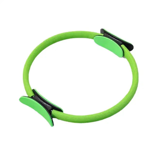Bright green pilates ring with black plastic clamps from a 5-piece pilates ring and resistance band set designed for fitness and toning.