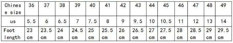 L’image présente un tableau de conversion des tailles pour des chaussures habillées à enfiler en cuir pour hommes, marron, détaillant les tailles de chaussures chinoises avec leurs équivalents américains et les longueurs de pied en centimètres.