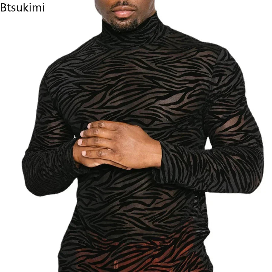 Men's T Shirt Perspective Turtleneck Long-sleeved Lace Tight Fitting T-shirt for Men Streetwear Bottoming Shirt Inside Male Tops