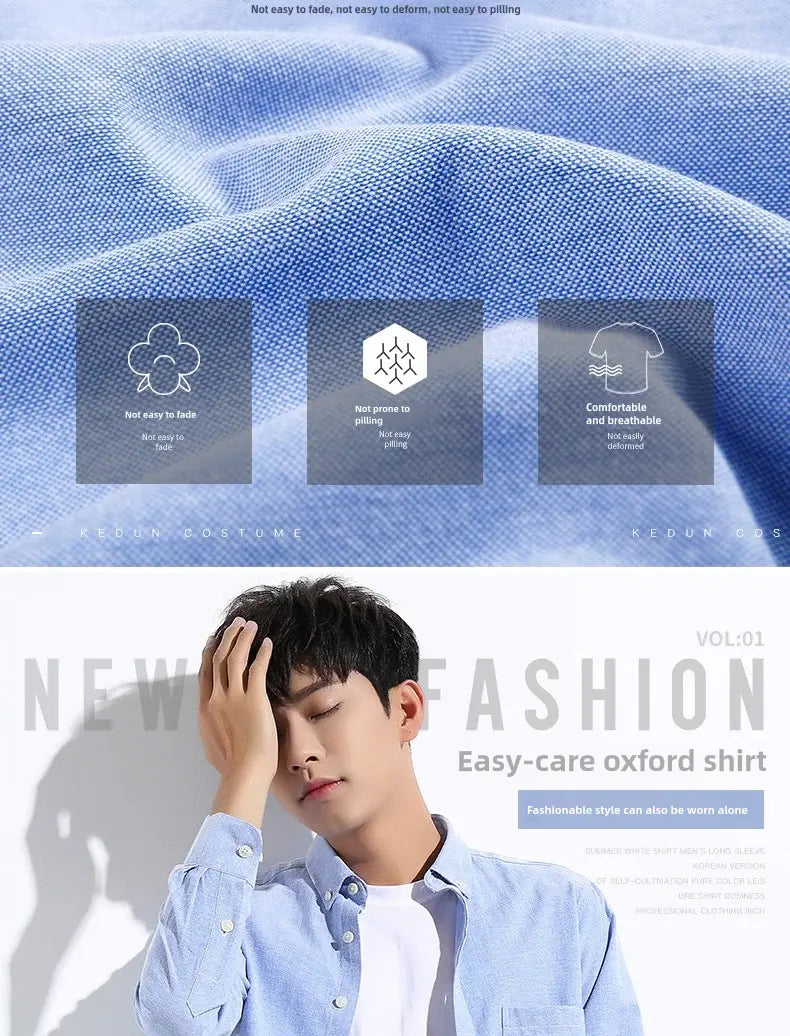 Mens light blue oxford shirt with a classic button-up design and subtle textured fabric for casual long sleeve wear.