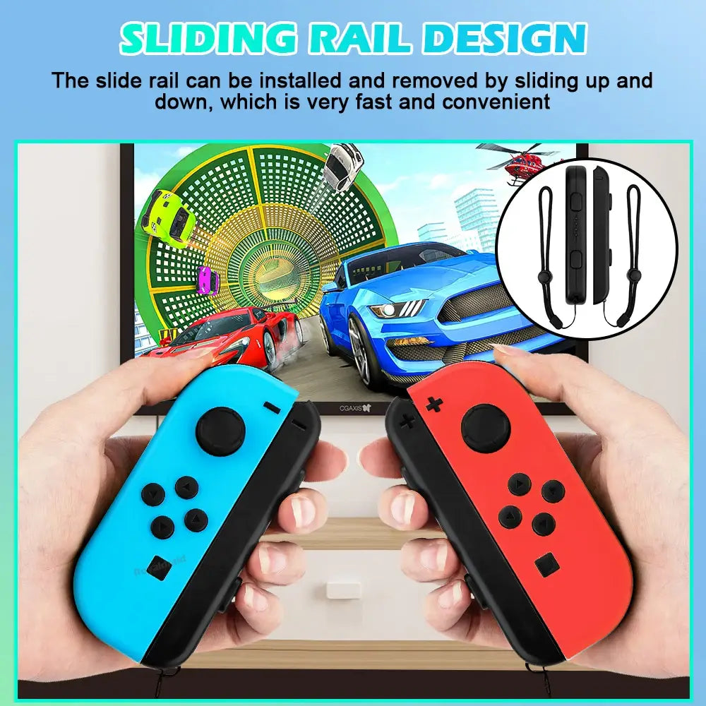 Nintendo Switch Joy-Con azul y rojo con palancas analógicas y botones negros, con diseño de riel deslizante para una colocación sencilla y un par de reemplazo compatible de correa para la muñeca y cuerda para la mano.