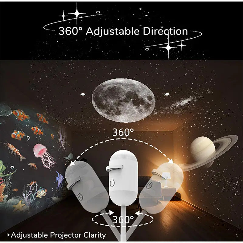 White sleek 360-degree adjustable starry sky night light atmosphere lamp with minimalist design for ambient room lighting.