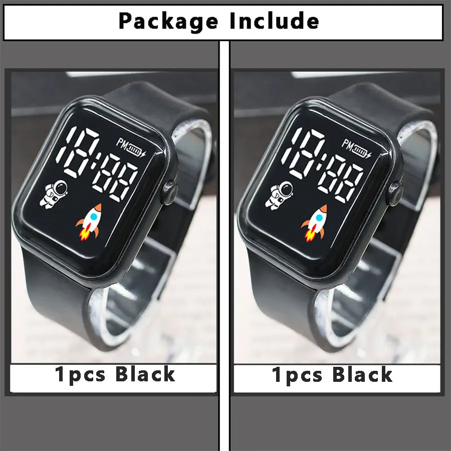 Montre électronique noire pour enfants, garçons et filles, avec un écran LED rectangulaire épuré, affichant des icônes liées à l’heure et à l’espace.