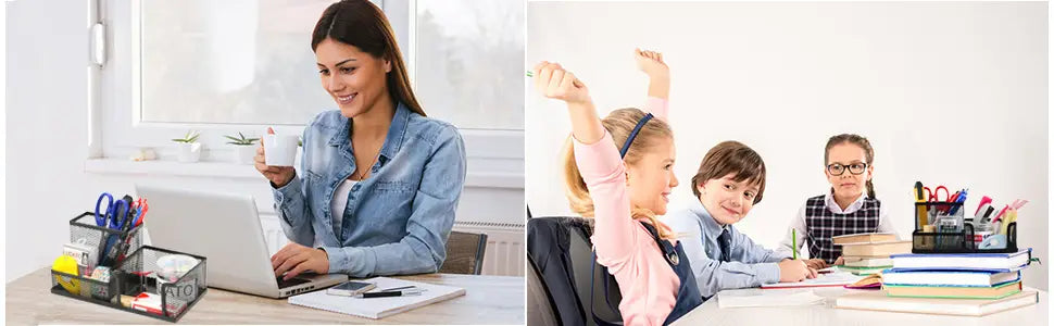 side by side scenes featuring a black mesh desk organizer and pencil caddy in use, with a woman working on a laptop holding a white mug and three children seated at desks with books and stationery.