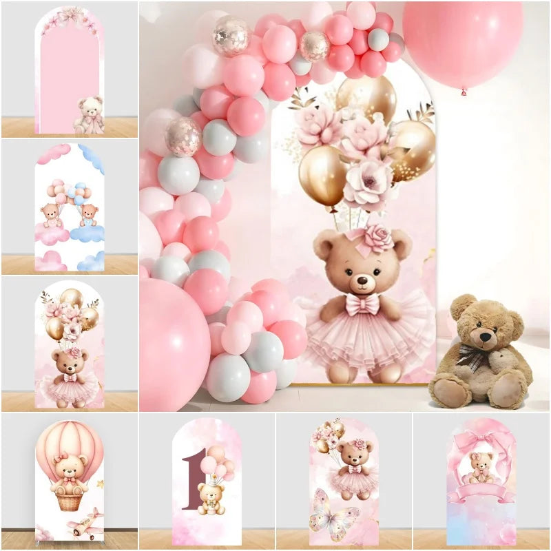 Baby Shower 1st Birthday Party Chiara Arch Backdrop Pink Bear Baby Balloon Boho Floral Balloons Background Newborn Photobooth