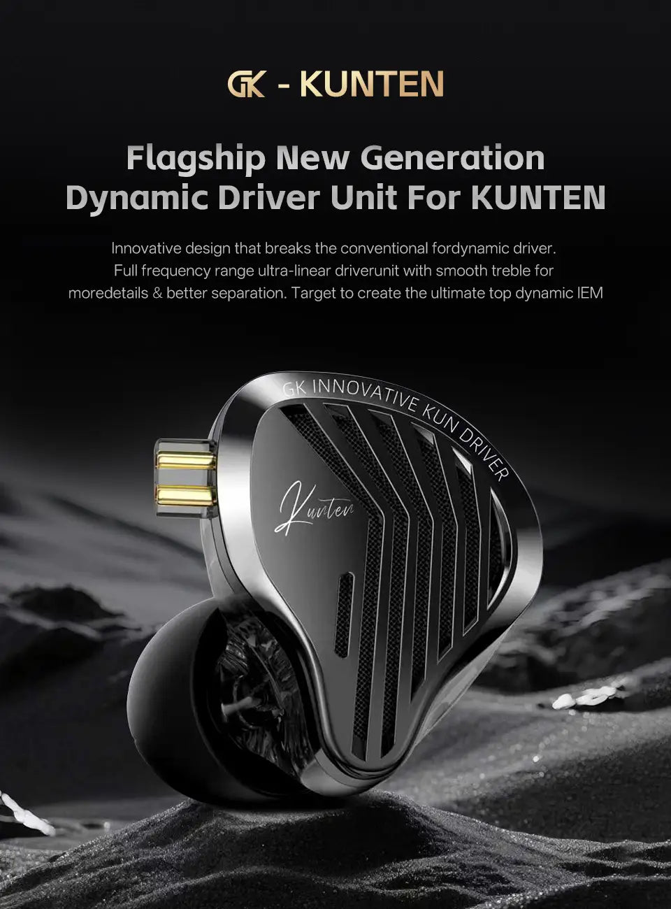 Auriculares de inserción (in-ear) con cable GK Kunten HiFi plateados y negros, con micrófono, que presentan un diseño angular y estilizado, una rejilla con textura y un conector chapado en oro.