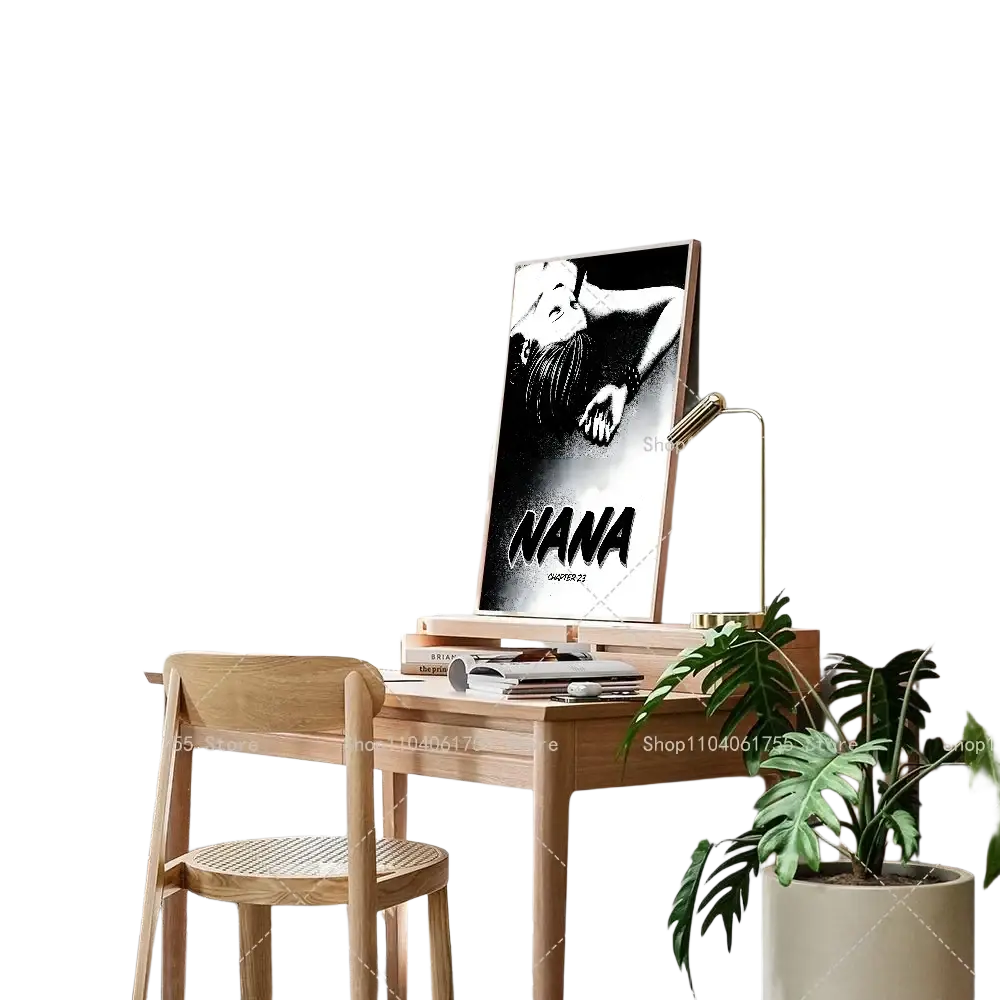 Black-and-white classic anime nana poster with bold lettering and stylized illustration framed in simple wood