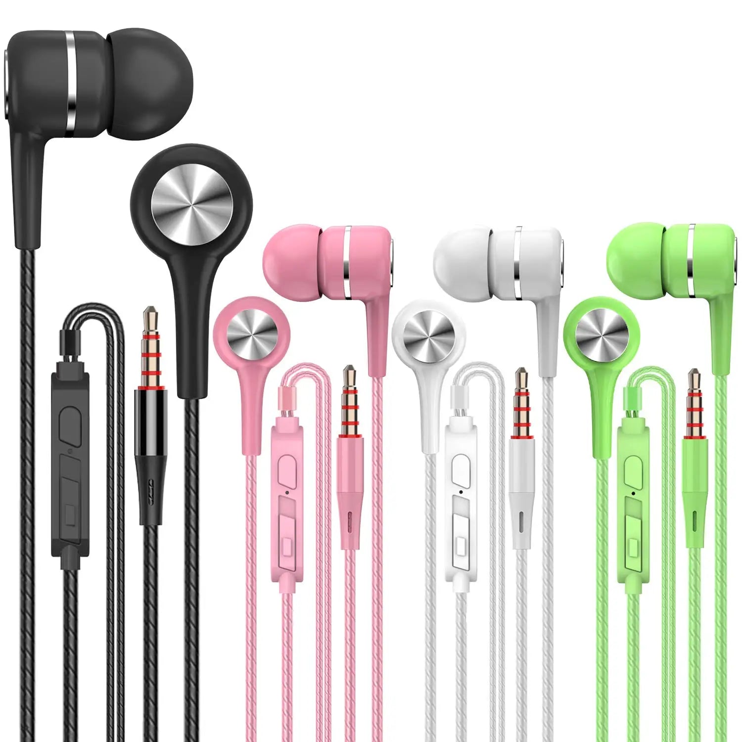 Schwarze, weiße und lindgrüne 3,5-mm-Kabelkopfhörer mit Mikrofon im In-Ear-Format mit silberfarbenen metallischen Akzenten an den Ohrmuscheln.