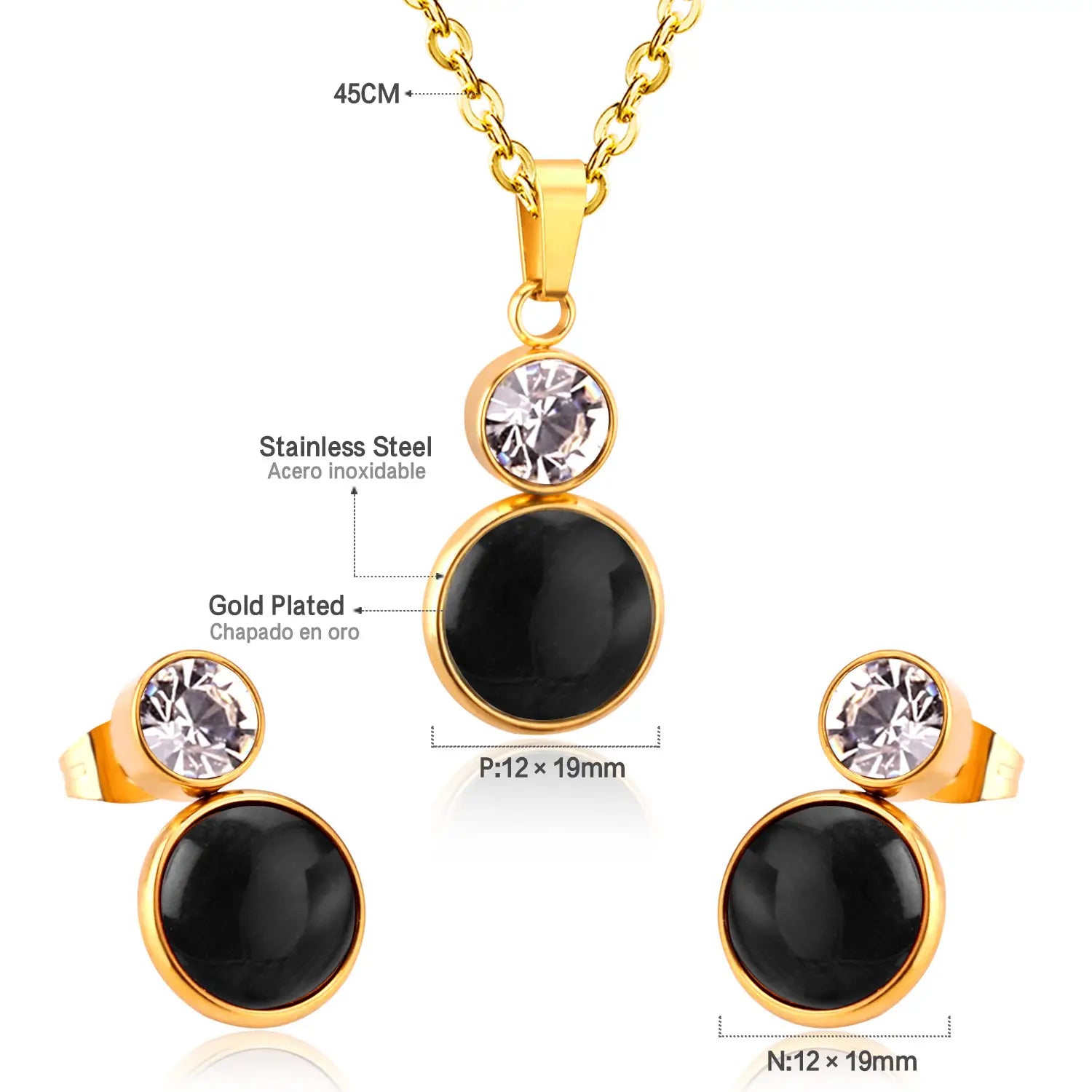 Gold-plated stainless steel black opal necklace and earring set featuring a pendant earrings and ring with black onyx-like stones and clear crystal accents.