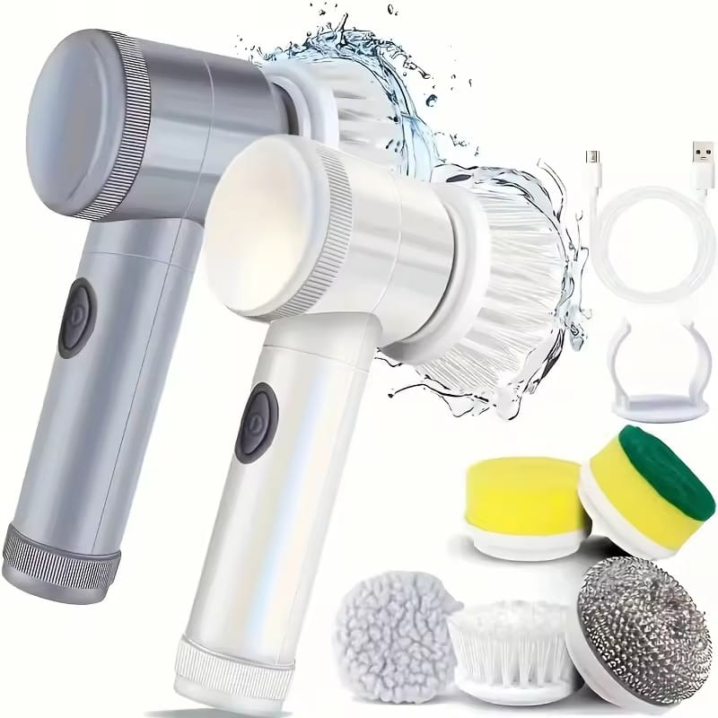 silver and white cordless electric spin scrubber with five interchangeable brush heads shown from the front angle