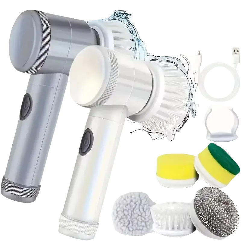 Silver and white cordless electric spin scrubber with five interchangeable cleaning brush heads for efficient electric cleaning