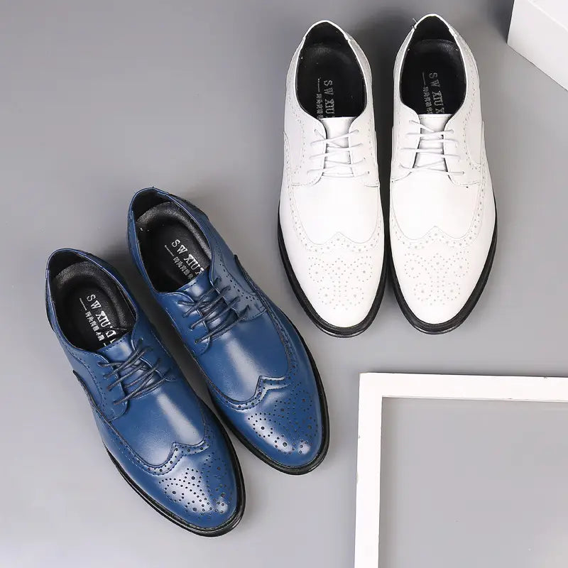 Men’s leather brogue dress shoes in polished blue and white leather with classic wingtip oxford design and intricate brogue detailing.