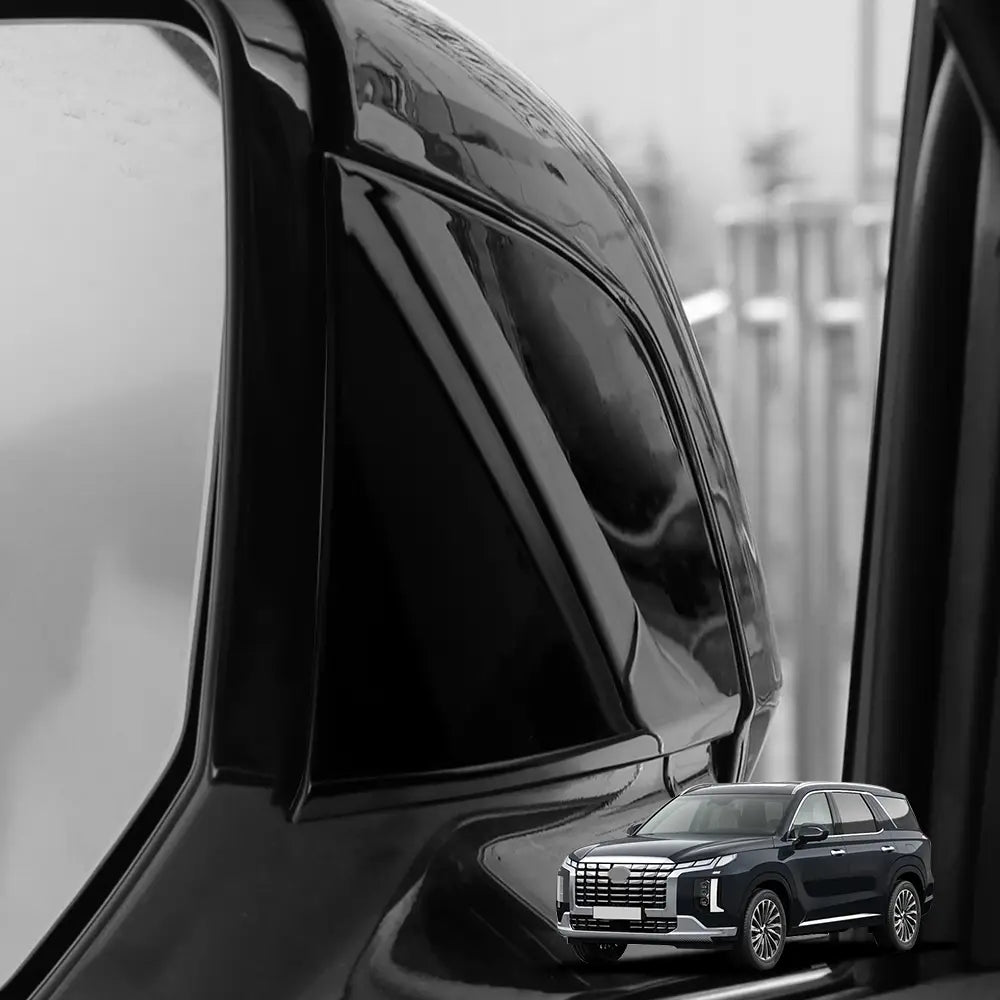Black glossy Hyundai Palisade led mirror cover reflecting a dark blue SUV with chrome accents, compatible with 2020-2025 models.