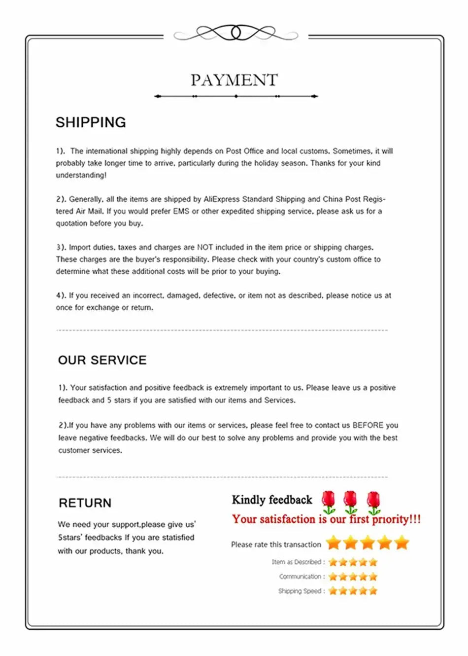 Document d’instructions de paiement et d’expédition, avec un texte noir sur un fond blanc, comprenant des bordures décoratives et des évaluations par étoiles pour les retours clients sur les boucles d’oreilles créoles minimalistes en argent sterling 925.
