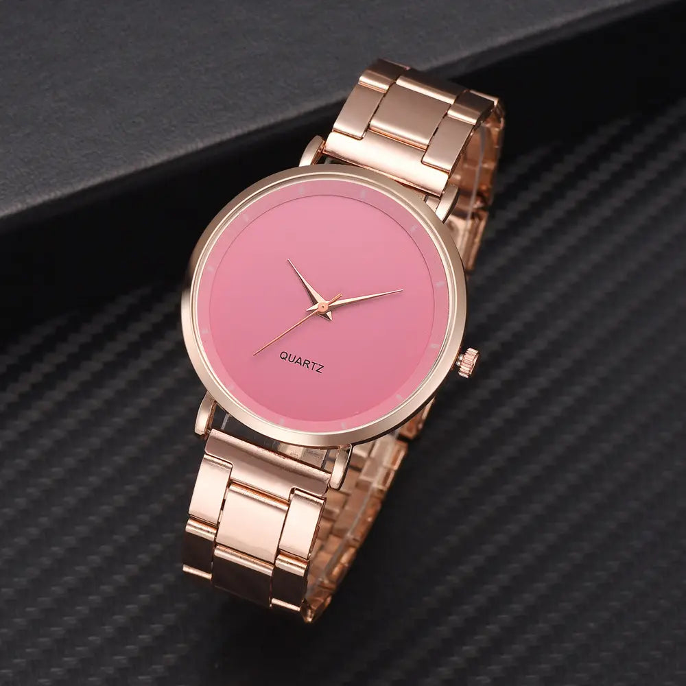 Rose gold women luxury quartz wristwatch with a metal strap and pink dial designed for business use.