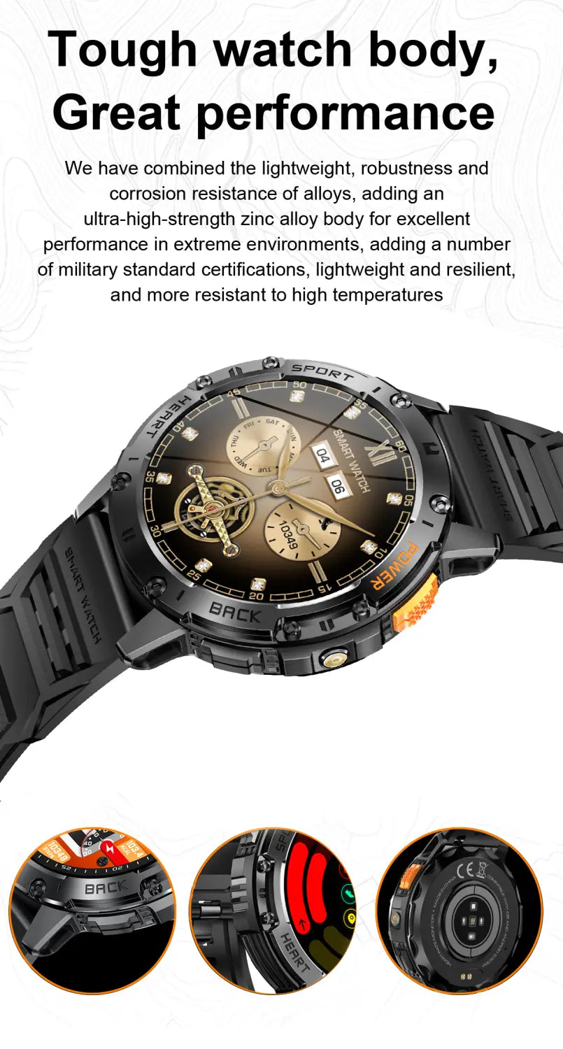 Amoled smart watch in black with rugged ultra-high-strength zinc alloy body and intricate brown dial featuring multiple subdials with heart rate detection.