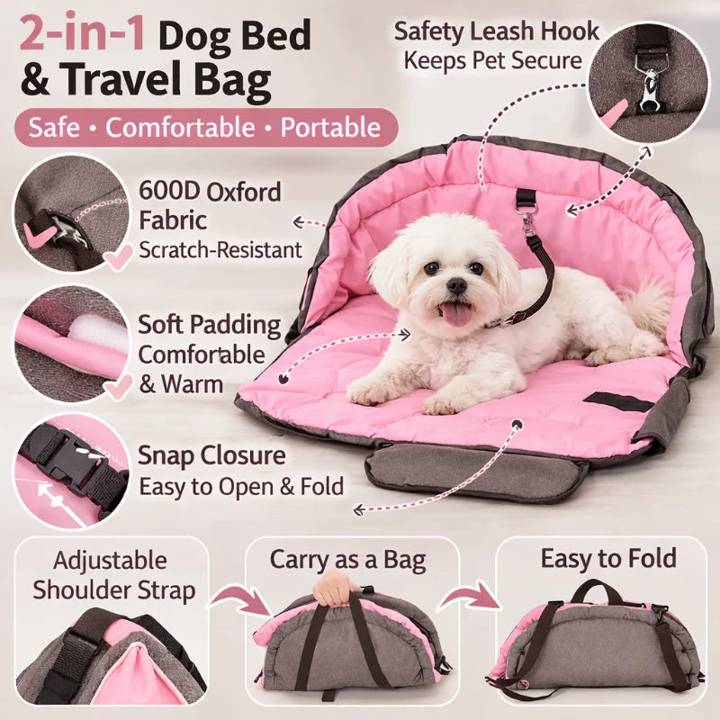 2-in-1 Foldable Pet Travel Bag Portable Pet Carrier With Soft Padding Adjustable Strap Safety Leash Clip Cats Small Dogs Car Use