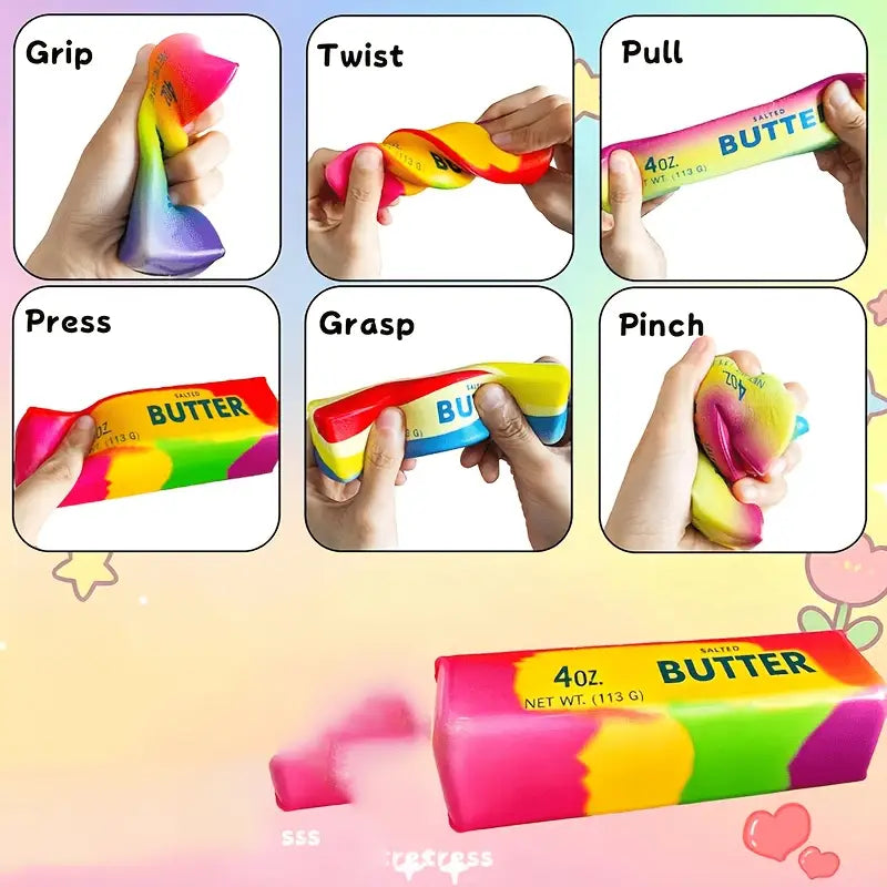 Rainbow butter squishy stress relief toy made of colorful squishy material shaped like butter with a playful salted butter label.