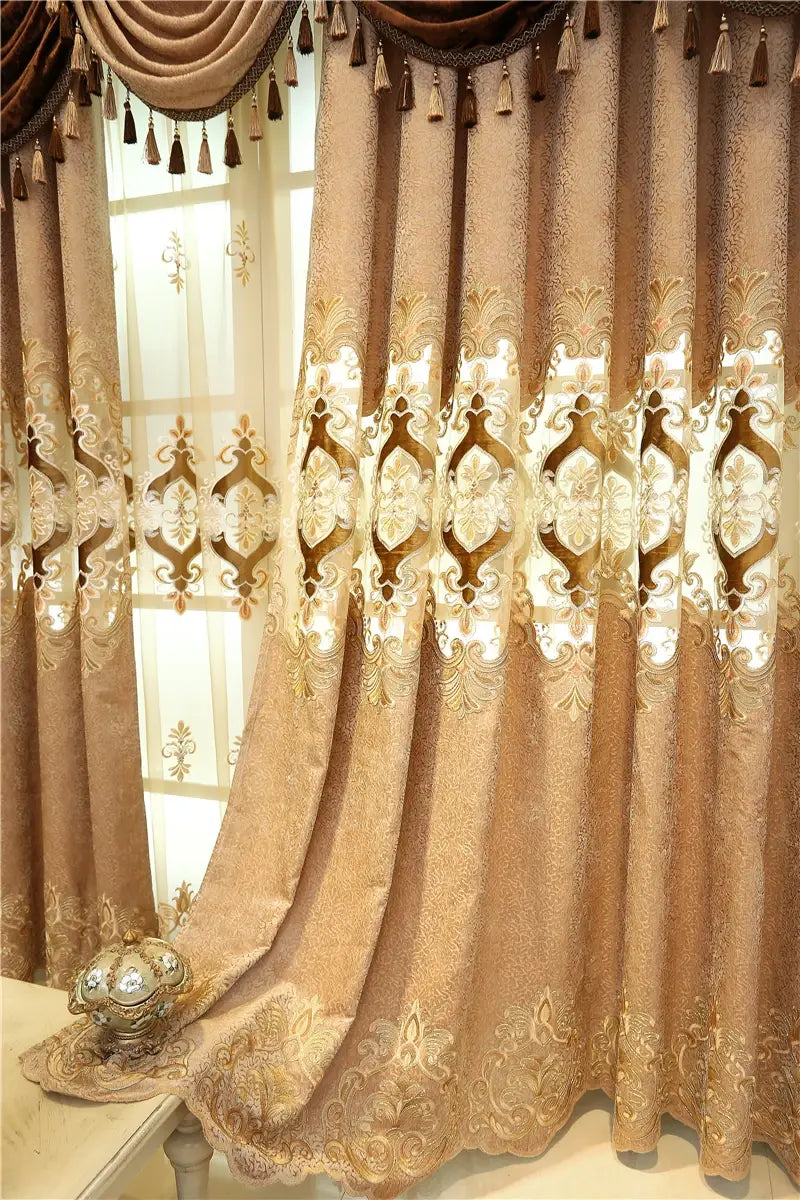 Luxurious beige and gold embroidered living room curtains with intricate lace detailing designed for french window use.