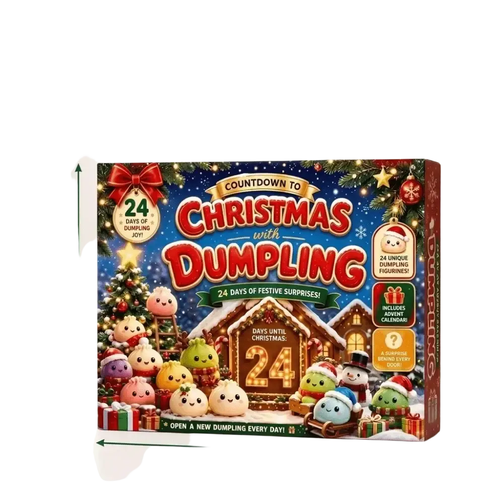 a festive advent calendar box featuring 24 colorful dumpling figurines arranged in a christmas-themed scene with snow-covered houses and trees for a christmas dumpling advent sensory toy.