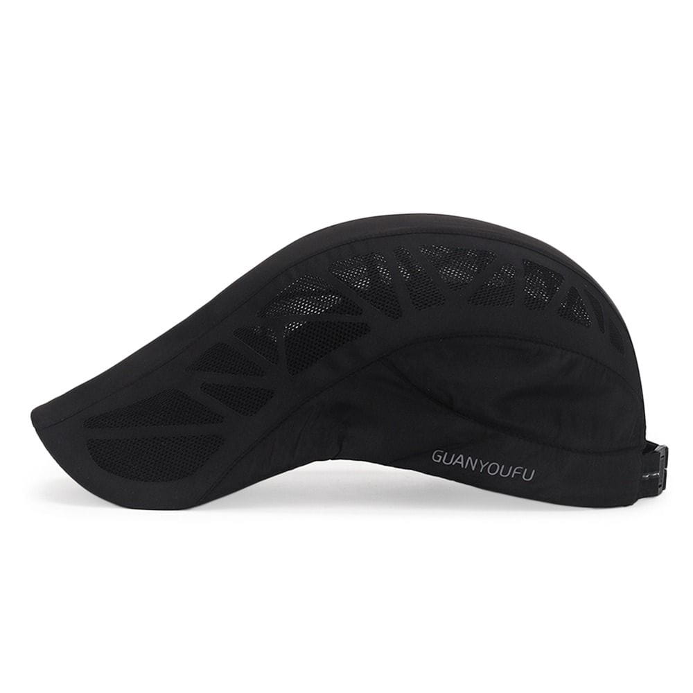 Gorra de béisbol con paneles de malla negra, con visera curva y correa ajustable, diseñada como gorra transpirable de golf para conducir en verano.