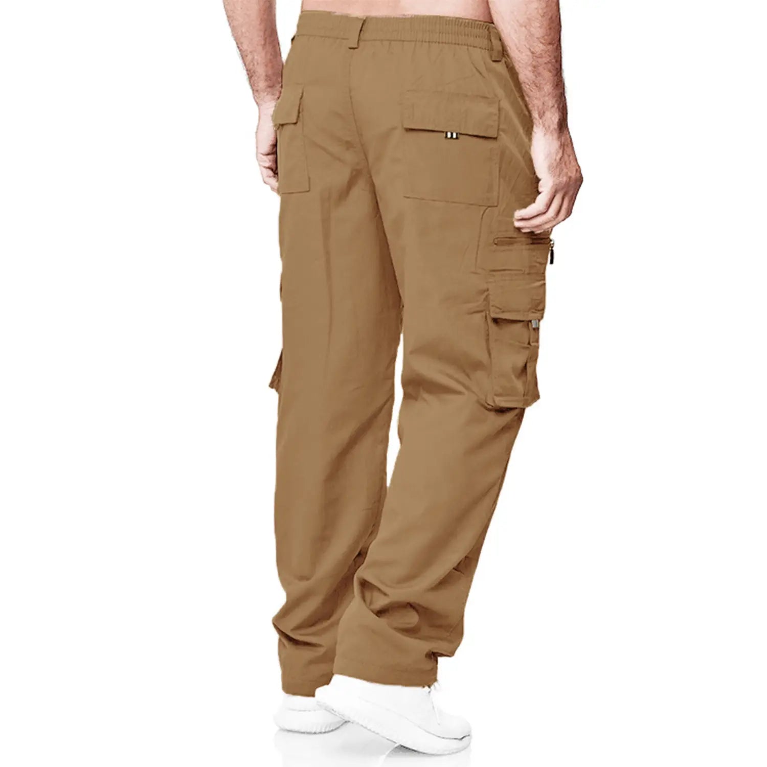 Pantalones cargo casuales holgados para hombre color tan, con múltiples bolsillos y un ajuste relajado, diseñados para mayor comodidad y practicidad.