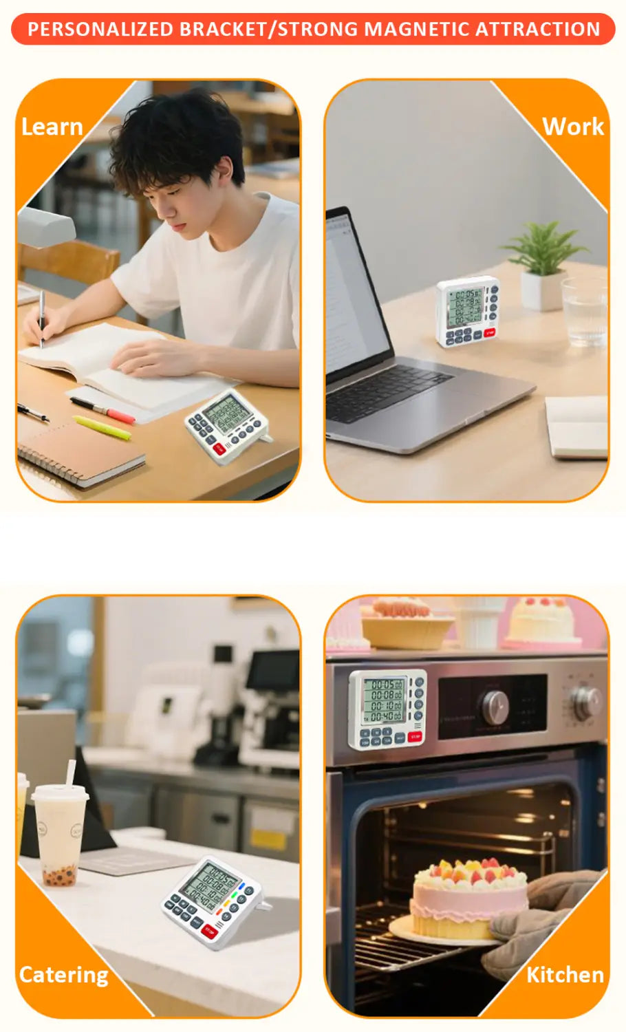 temporizador digital de cocina magnético de 4 canales en color blanco con pantalla rectangular y varios botones, diseñado para un uso versátil en diversos entornos