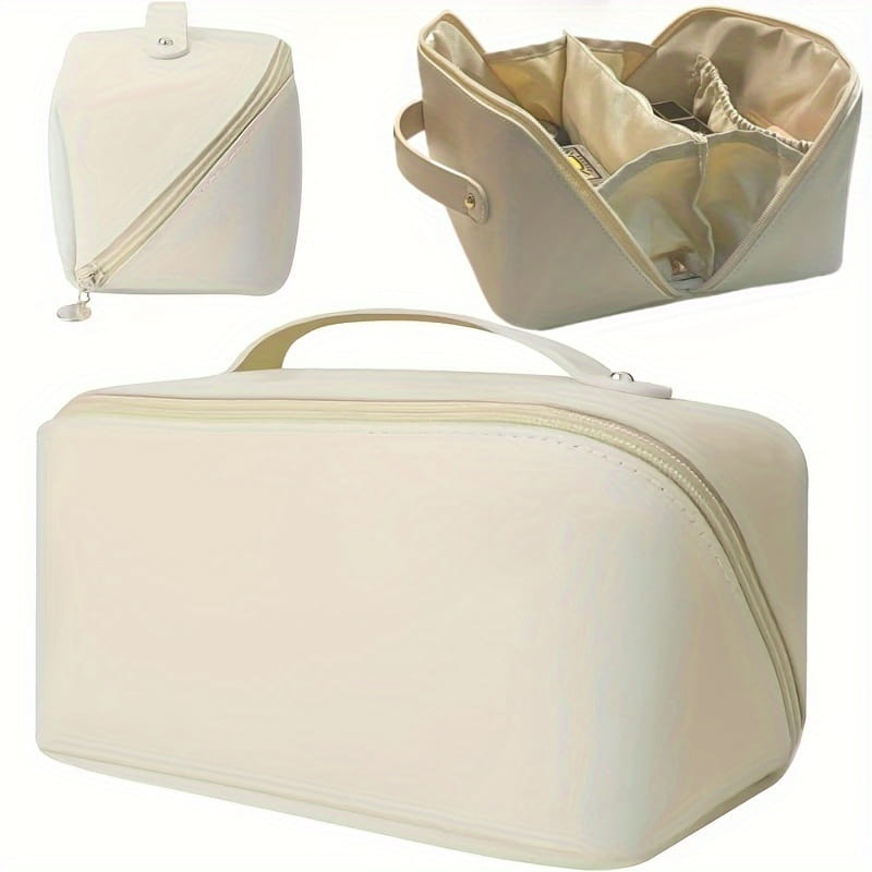 Beige Stoff-Reise-Make-up-Tasche und Kosmetikorganizer in Cremefarbe mit rechteckiger Form, Tragegriff oben und Reißverschluss.