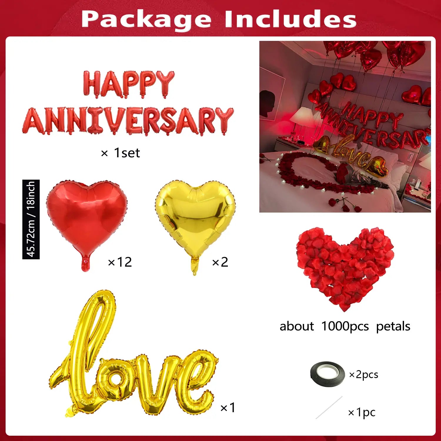 Anniversary decoration set featuring red and gold metallic heart-shaped foil balloons and a matching love balloon designed for anniversary celebrations.