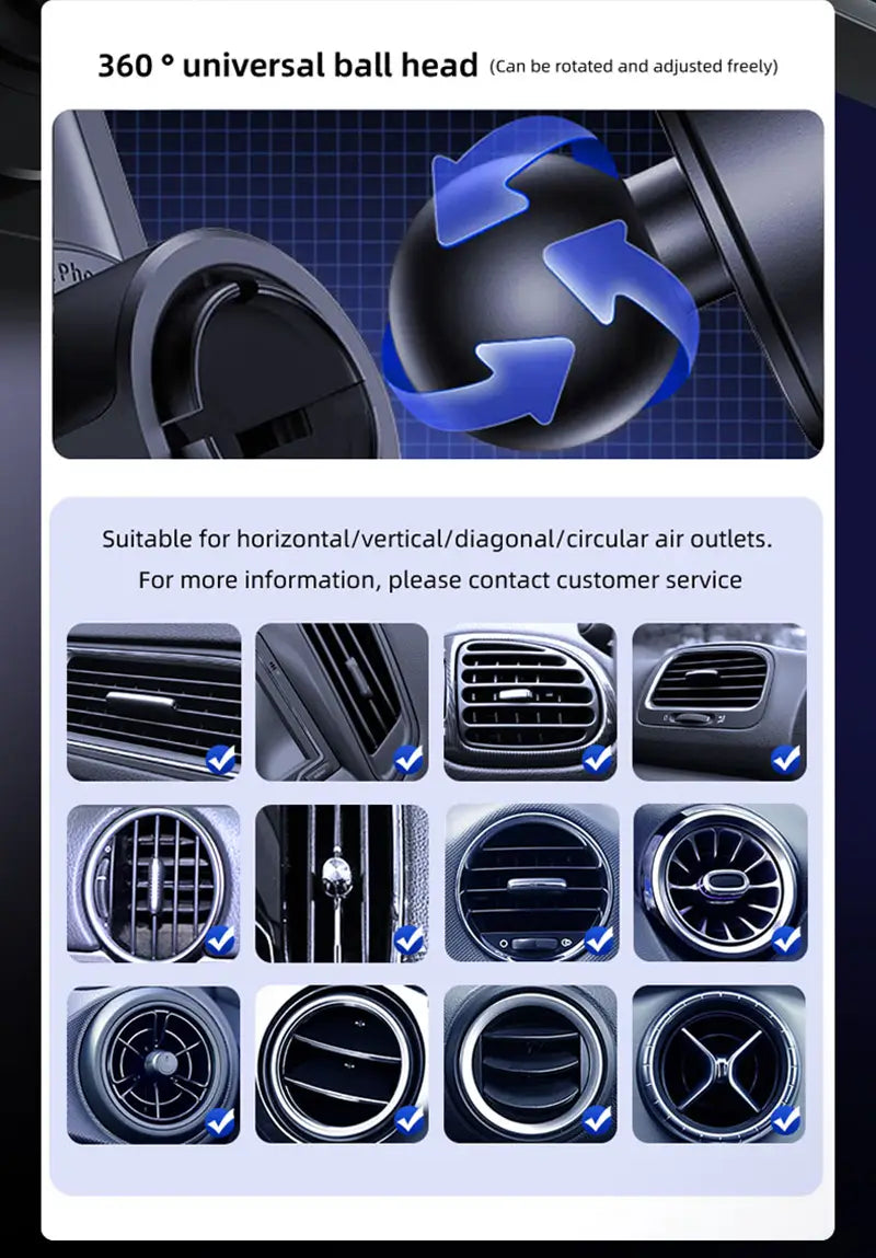 Black 360° universal ball head car air vent mount with adjustable design for wireless car phone charger 15w mount shown from the back side.