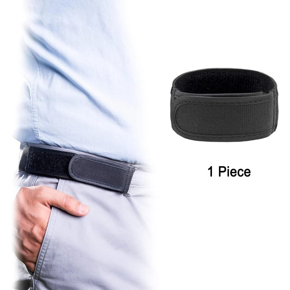 Boucle de ceinture en velcro noire avec intérieur matelassé souple, montrant la face arrière de la ceinture élastique sans boucle pour hommes et femmes.