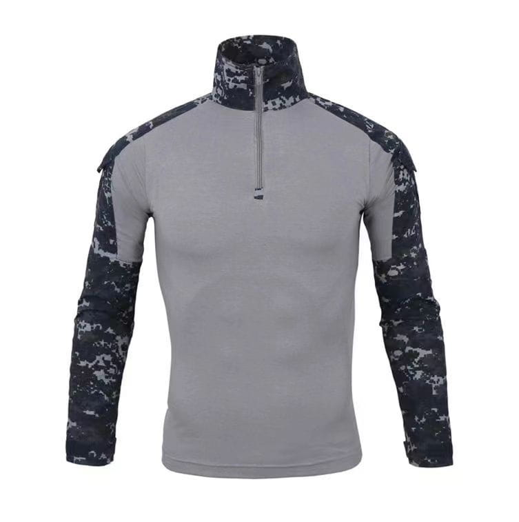 Men tactical camouflage long sleeve hiking shirt featuring a gray tactical fabric with navy and white digital camouflage panels on the shoulders sleeves and collar.