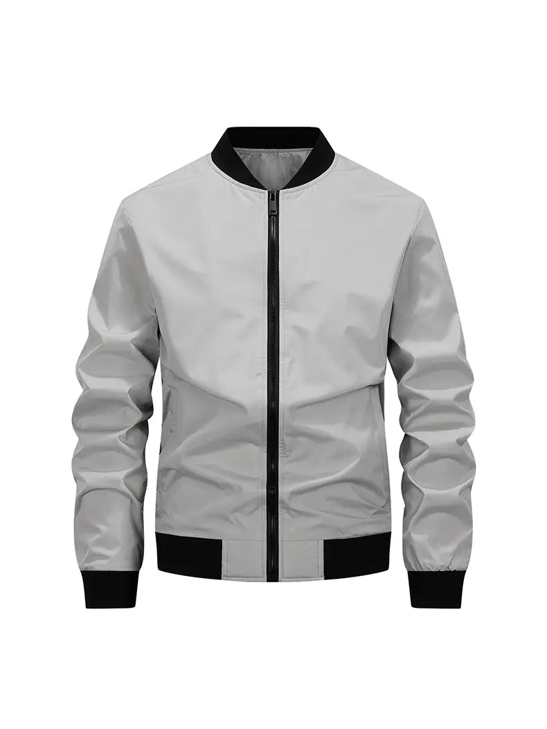A sleek silver windbreaker waterproof hiking jacket for men with black ribbed cuffs collar and hem.