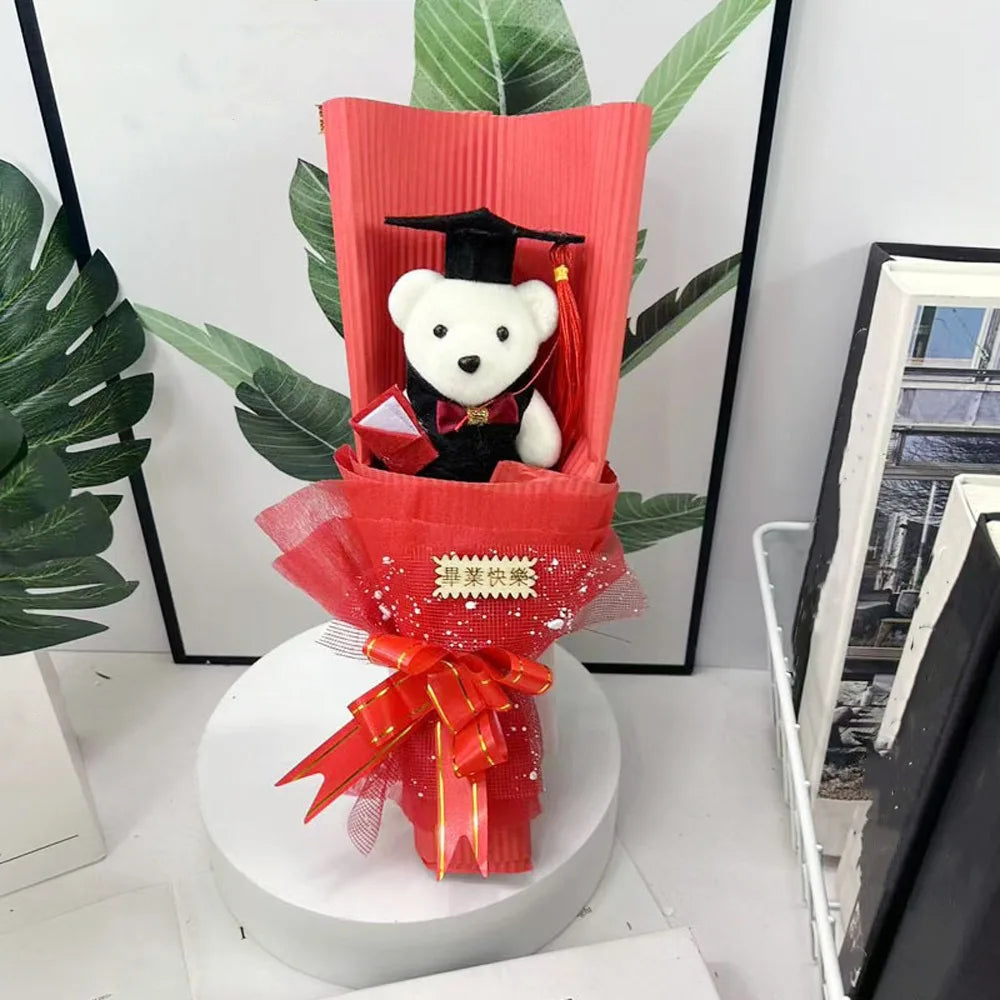 Lovely Graduation Bear Bouquet Animal Simulated Little Bear Bouquet Celebrate Handicraft Stuffed Simulated Bear Room Decoration