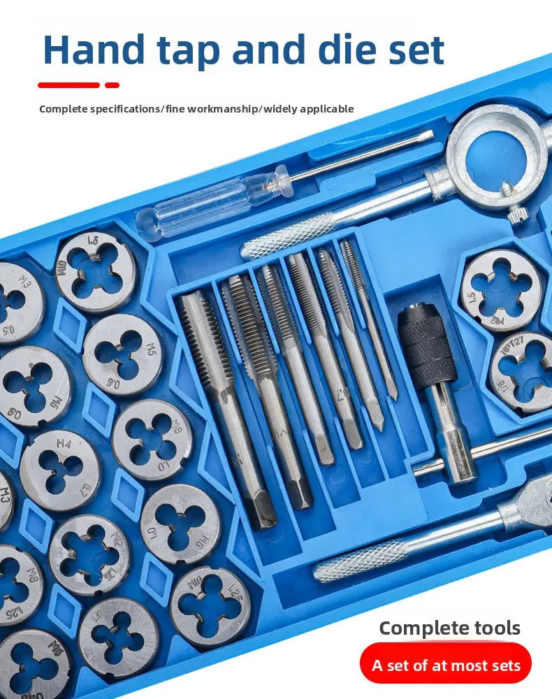 Blue plastic case containing a metallic hand tap and die set with threaded taps, dies, and wrenches for thread cutting tool kit.