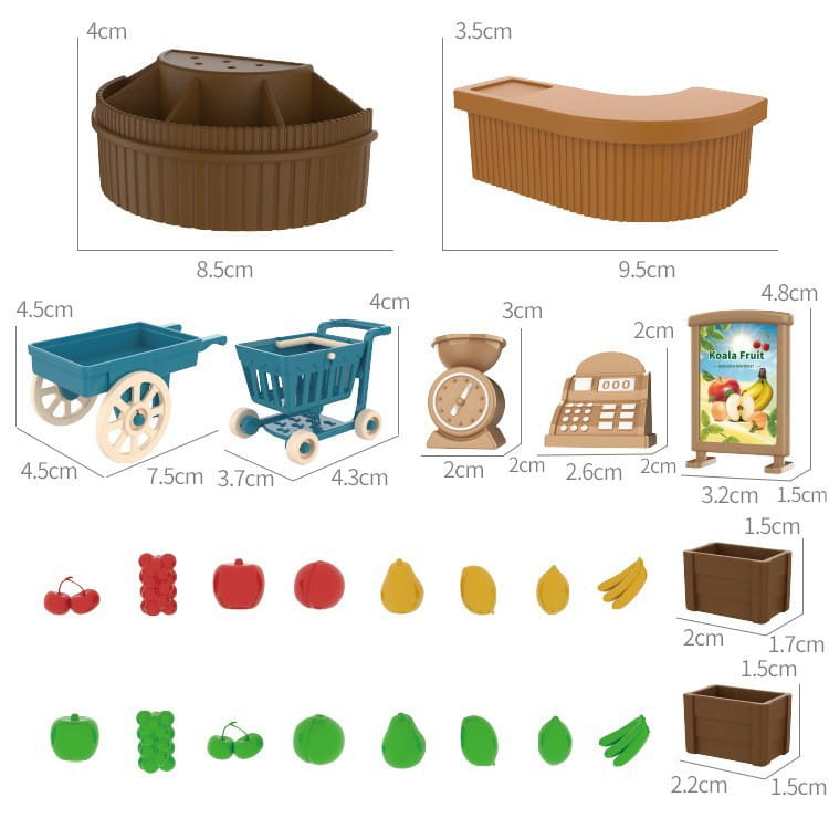 縦リブの側面とカーブした天板を備えた、茶色いプラスチック製の玩具スーパーマーケット用カウンター（ミニチュアドールハウス家具およびプレイセット玩具のコレクション）。
