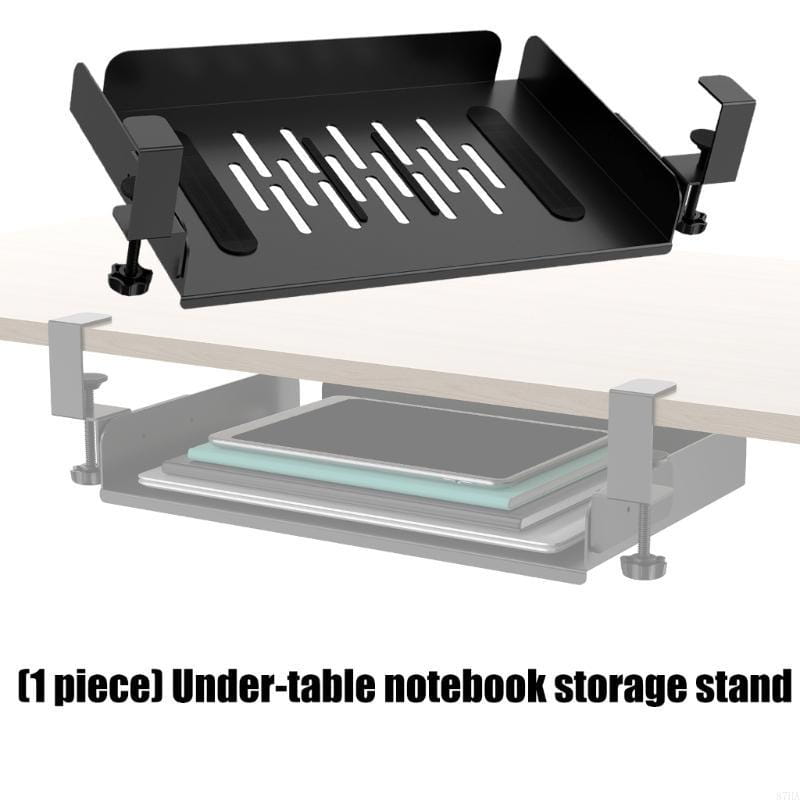 black metal under desk laptop tray with adjustable clamps and a slotted top surface for notebook storage and cable management organizer