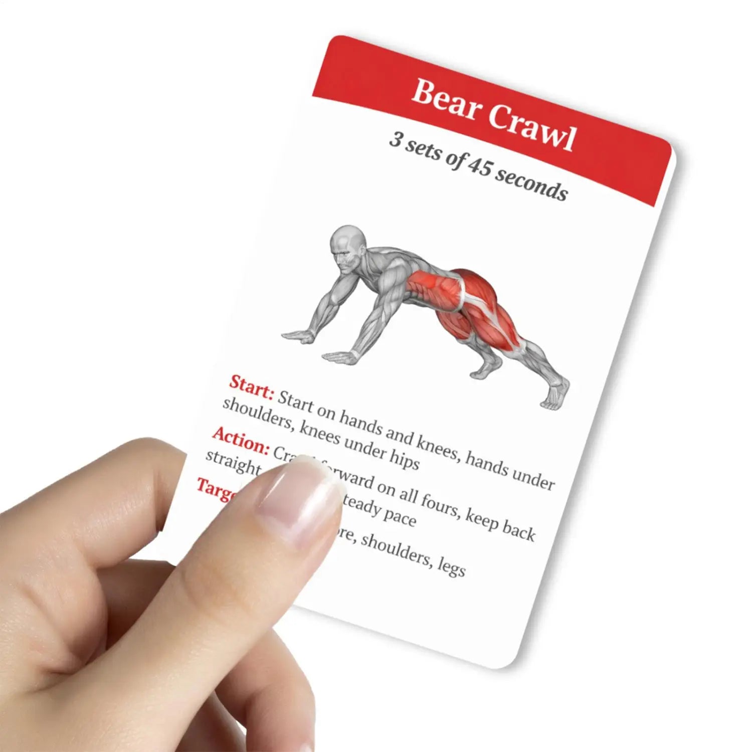 red and white exercise instruction card for the bear crawl workout from the workout cards fitness exercise deck designed for home and gym use