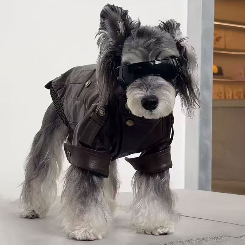 Un abrigo cálido elegante para perro de piel sintética negra con correas ajustables y botones metálicos, mostrado desde un lateral