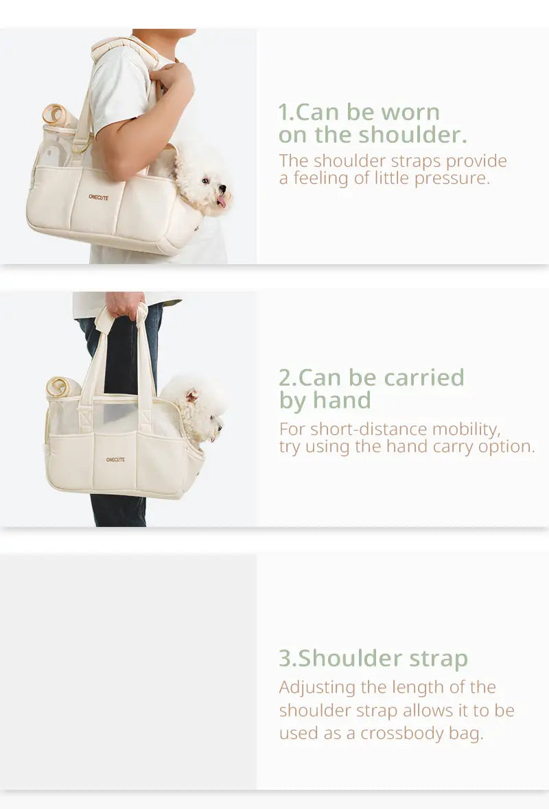 Sac à dos pour chien de petite taille en toile respirante de couleur crème, avec bretelles réglables et une poignée de portage à la main, conçu pour un transport confortable des animaux.