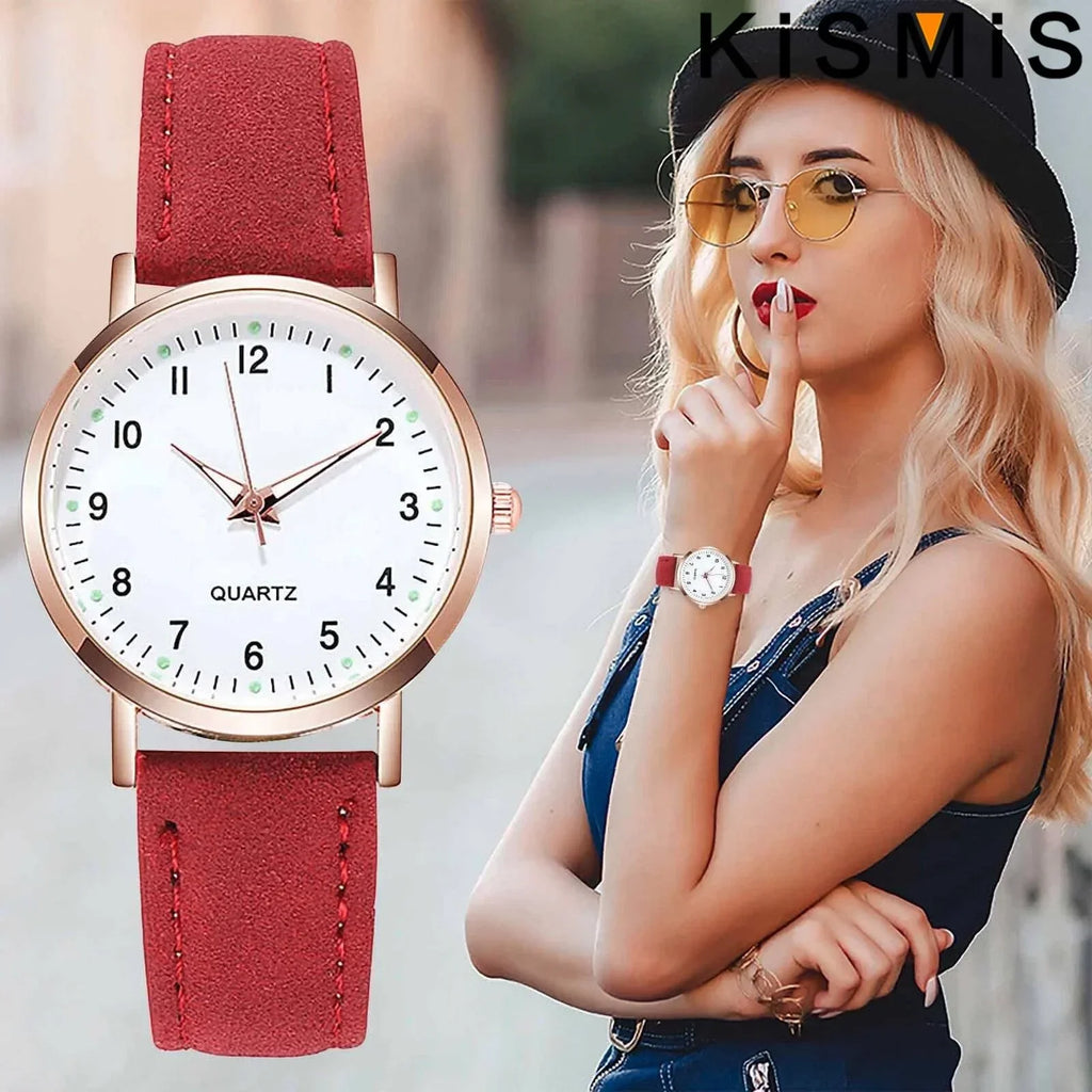 Women Casual Round Quartz Watch Luminous Analog Wristwatch PU Leather Strap for Girls Students