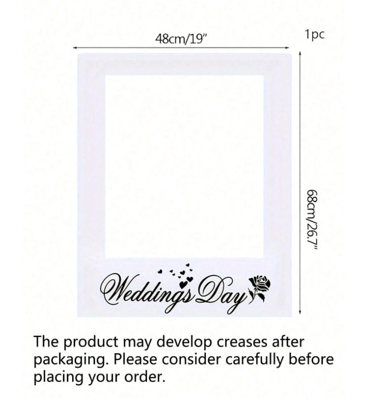 Atrezzo de marco rectangular blanco para fotografía de boda con el día de la boda en guion cursivo negro y un diseño de rosa en la parte inferior derecha.