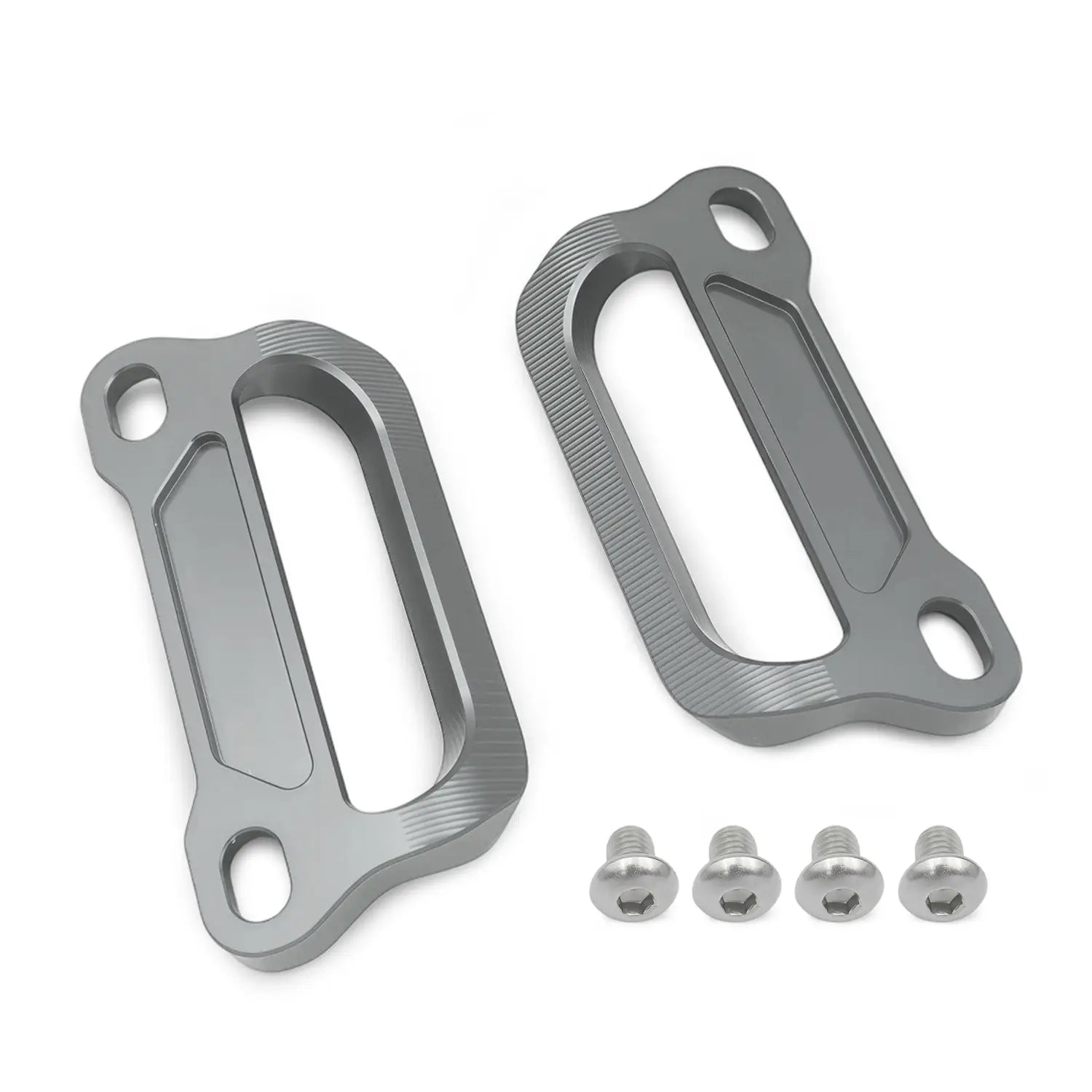 Graue Aluminium-CNC-Gepäckträgergriffe für Cfmoto 675srr mit gebürsteter Oberfläche und strukturierten Griffbereichen an den Abdeckungen der Motorrad-Fußrasten.