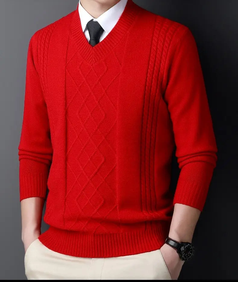 Herren-V-Ausschnitt-Strickpullover in leuchtendem Rot mit Diamant- und Zopfmuster-Designs, für lässige Winterkleidung.