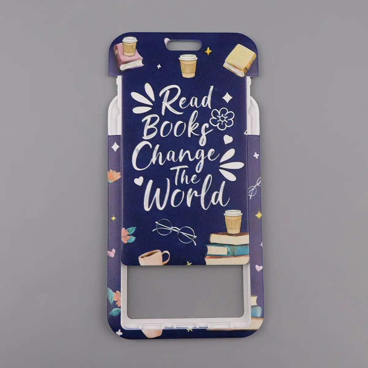 A navy blue phone case from the Book Lover Lanyard and ID Card Holder Set featuring a read books change the world design with white cursive text, illustrated books, coffee cups, and glasses on a patterned background.