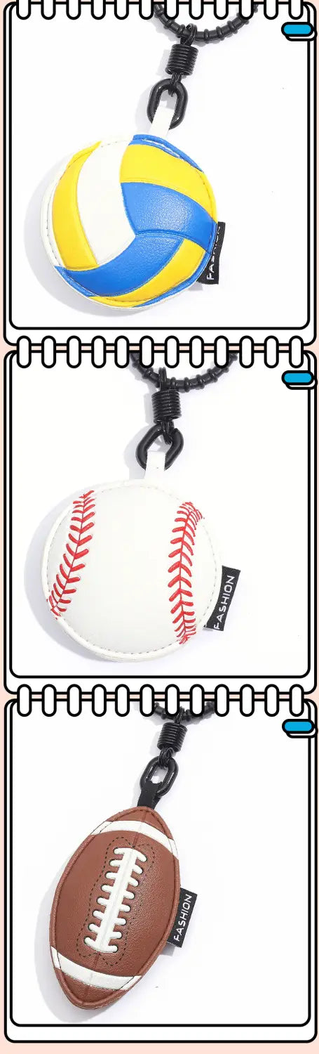 a compact leather sports ball keychain set bag charm featuring three-dimensional volleyball in yellow and blue, baseball in white with red stitching, and brown football with white lacing.