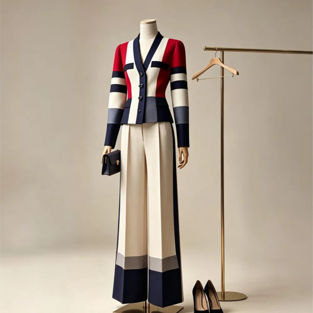 Women's Elegant Color Block V-Neck Blazer High Waist Wide Leg Pants 2 Piece Autumn Outfit Luxury Striped Formal Suit Office Suit